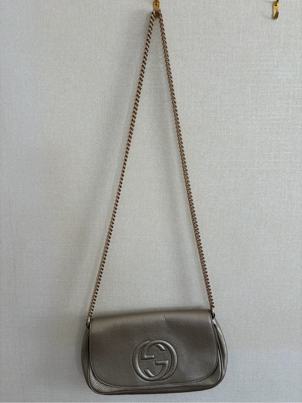 Gucci Metallic Taupe Crossbody Bag with Gold Chain